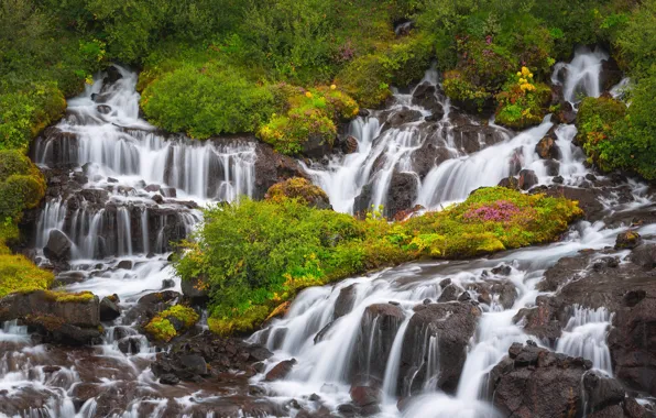 Картинка водопады, каскад, Исландия, Iceland, Hraunfossar, Хрёйнфоссар
