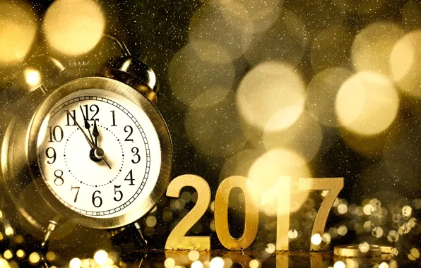 Картинка часы, Новый Год, будильник, gold, new year, happy, bokeh, champagne, 2017