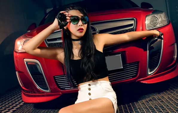 Картинка взгляд, Девушки, Opel, азиатка, красивая девушка, красный авто