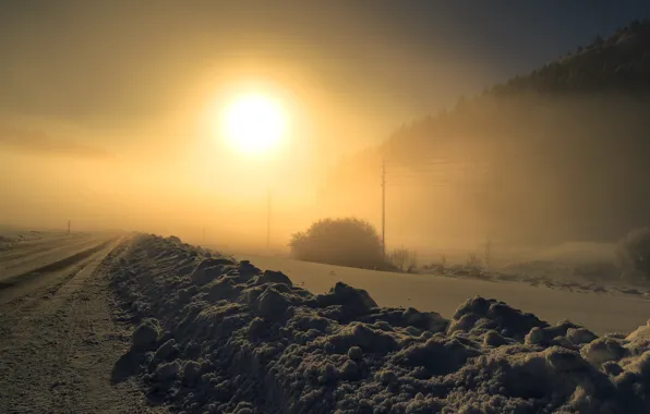 Картинка зима, дорога, ночь, туман