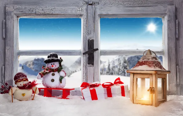 Картинка зима, снег, украшения, Новый Год, окно, Рождество, подарки, снеговик, Christmas, winter, snow, window, Merry Christmas, …
