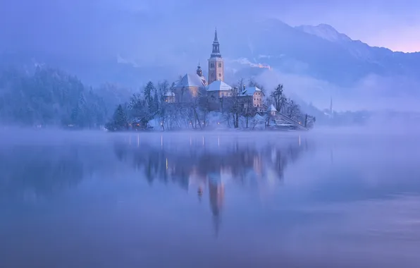 Картинка горы, туман, вечер, утро, бледское озеро