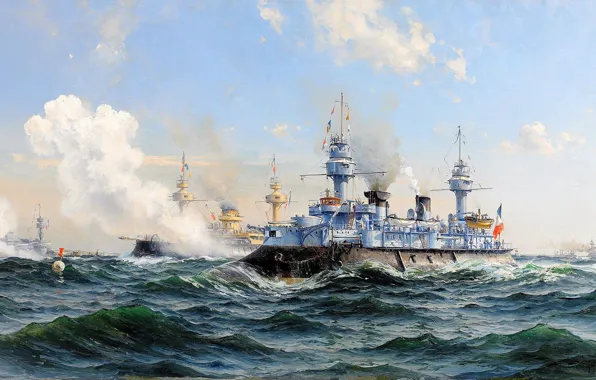 Картинка море, волны, облака, флот, Крейсер, Herman Gustav Sillen