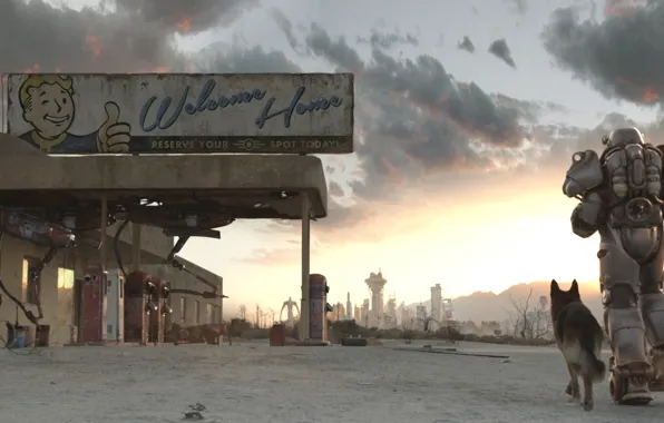 Картинка собака, станция, бег, экипировка, Fallout 4, The Wanderer Trailer
