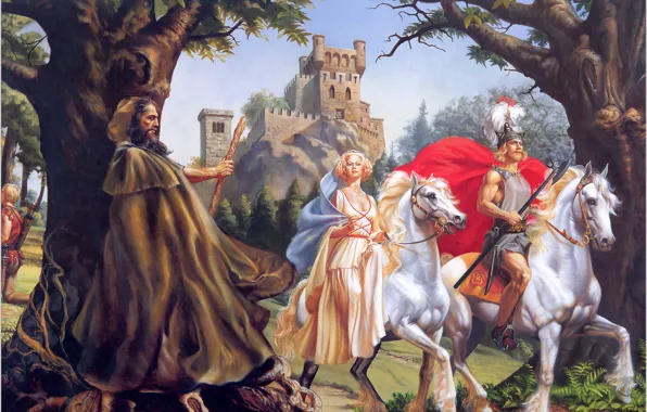 Картинка Замок, маг, волшебник, белые кони, Rowena Morrill, The Crimson Chalice