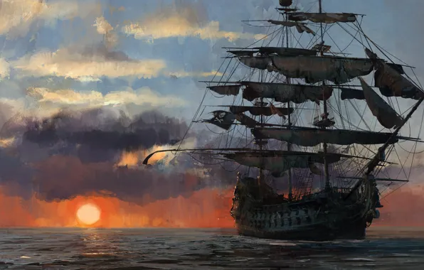 Картинка game, pirate, sunset, pirate ship, flag, ship, pirate flag, kaizoku, Skull and Bones