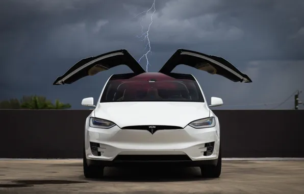 Картинка Clouds, White, Tesla, Falcon, Model X, Wing, Lighting, Electric Car