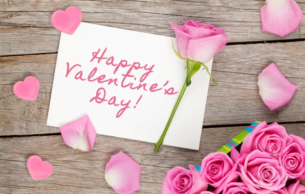 Картинка розы, сердечки, love, wood, pink, romantic, hearts, sweet, gift, petals, roses, valentine`s day
