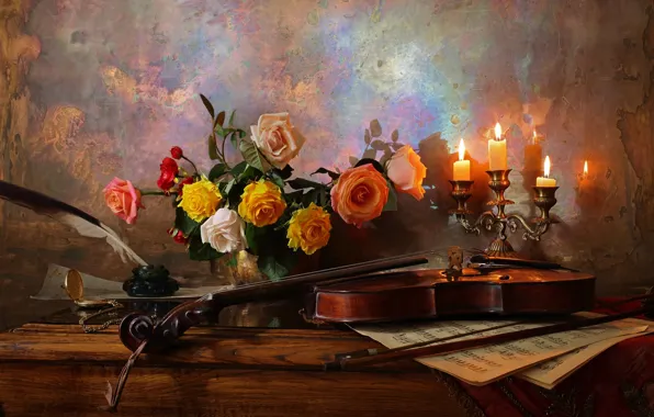 Картинка цветы, ноты, перо, скрипка, розы, свечи, ваза, столик, still life, чернильница, Andrey Morozov, Андрей Морозов