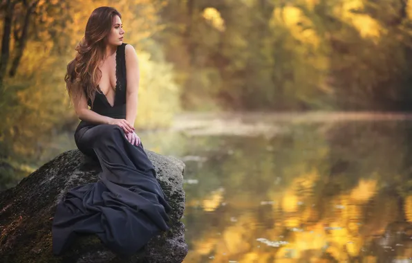 Картинка вода, девушка, поза, настроение, камень, платье, водоём, Martyna Lasota