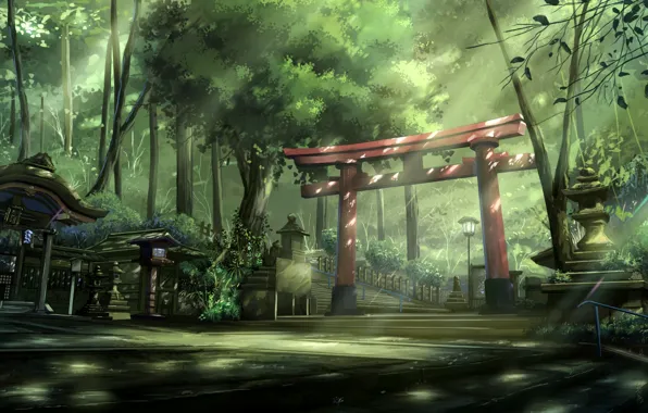 Картинка лето, деревья, Япония, фонари, лестница, перила, лучи солнца, в парке, святилище, листва деревьев, ворота тории