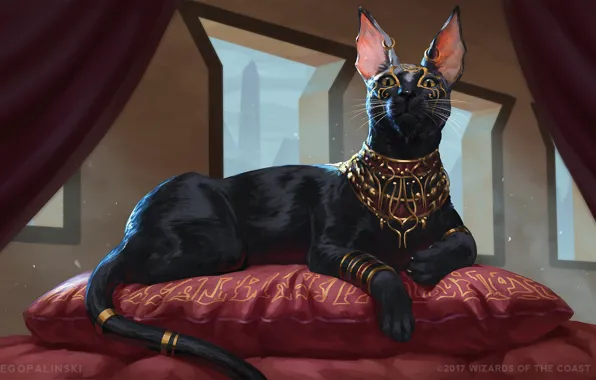 Картинка украшения, подушки, лежит, черный кот, art, божество, Greg Opalinski