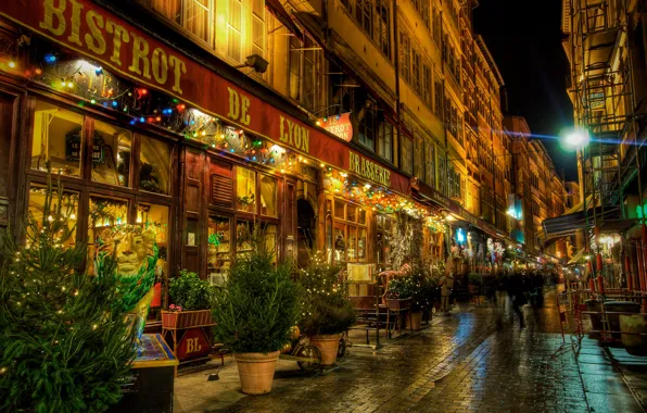 Картинка ночь, город, улица, Франция, Европа, ресторан, Лион, бистро
