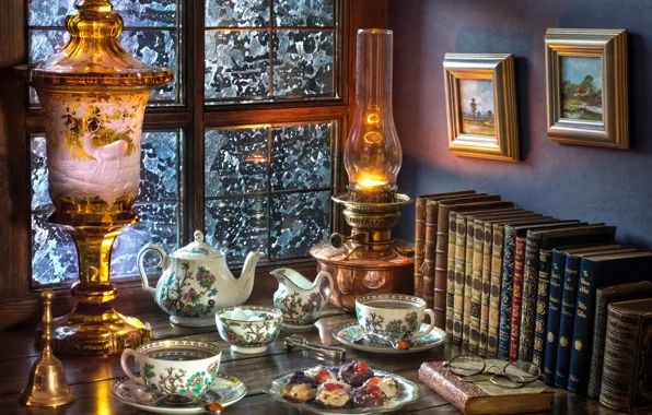 Картинка стиль, чай, книги, лампа, печенье, окно, очки, чаепитие, картины, сервиз