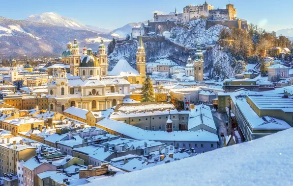 Картинка зима, снег, замок, здания, гора, дома, Австрия, панорама, крепость, Austria, Salzburg, Зальцбург, церкви, Salzburg Cathedral, …