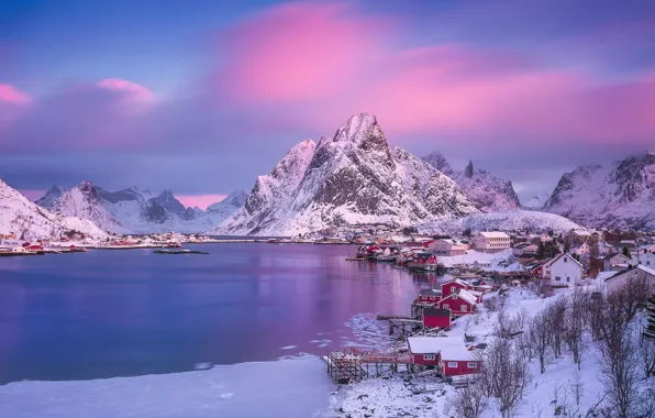 Картинка свет, утро, Норвегия, городок, поселок, Лофотенские острова, розовое небо