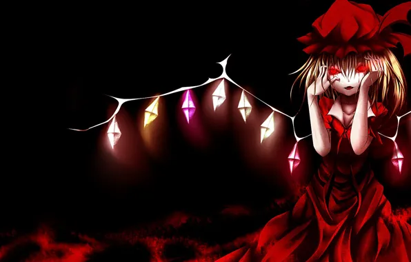 Картинка красное платье, красные глаза, art, кровавые слезы, вампирша, безумная, Touhou Project, Flandre Scarlet, в темно, …