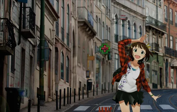 Картинка девушка, счастье, улица, аниме, день, madskillz, madskillz anime, ясная погода, клечетая рубашка