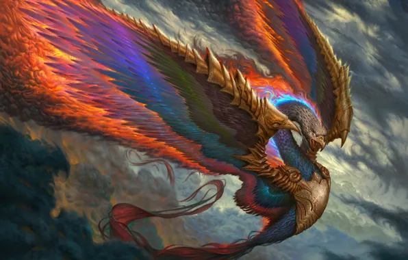 Картинка огонь, птица, крылья, перья, клюв, фэнтези, арт, фэникс