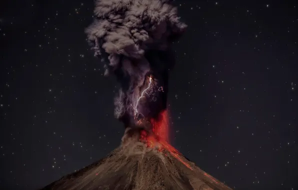 Картинка природа, молнии, дым, вулкан, извержение, лава