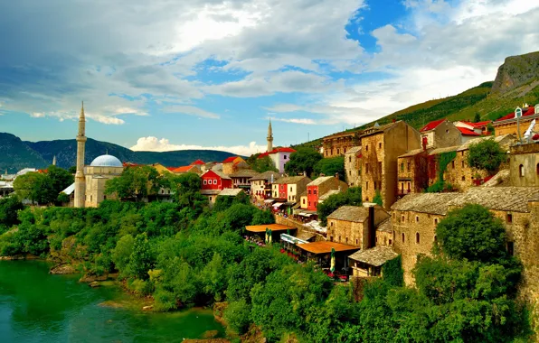 Картинка здания, дома, мечеть, Босния и Герцеговина, Mostar, река Неретва, Мостар, Neretva River, Bosnia and Herzegovina