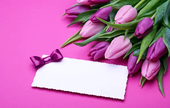 Картинка букет, подарки, тюльпаны, love, розовые, бант, fresh, pink, flowers, romantic, tulips, gift, purple
