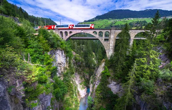 Картинка мост, река, скалы, поезд, Швейцария, каньон, Switzerland, виадук, Граубюнден, Graubünden, Solis Viaduct, Виадук Солис, Albula …
