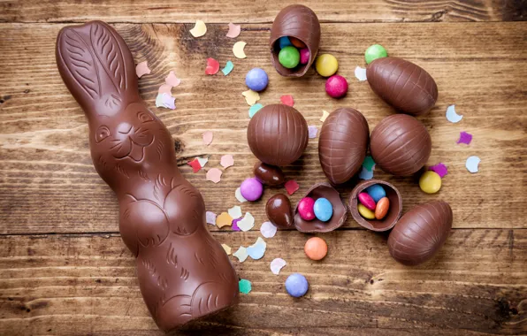 Картинка шоколад, яйца, colorful, кролик, конфеты, Пасха, wood, chocolate, spring, Easter, eggs, bunny, candy, decoration, Happy