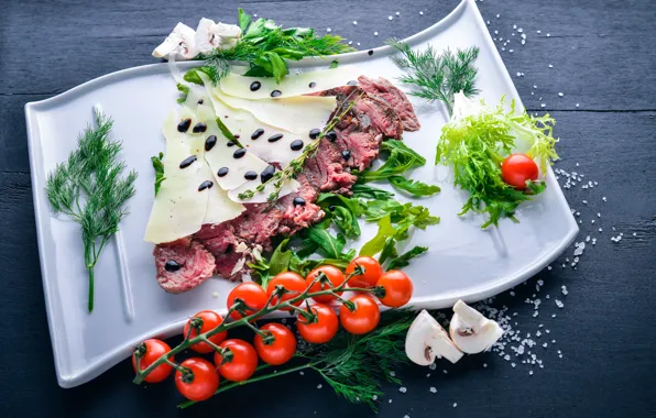 Картинка зелень, грибы, еда, сыр, мясо, нарезка, соль, meal, italian, sauce, помидоры-черри, parmesan, veal