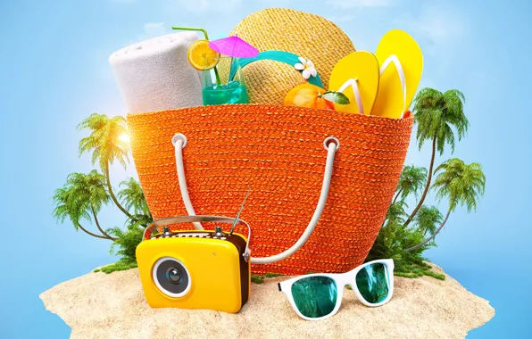 Картинка лето, солнце, тропики, рисунок, шляпа, камера, очки, коктейль, сумка, hat, bag, Tropics