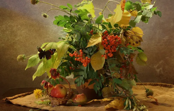 Картинка осень, листья, ветки, стол, бабочка, яблоки, букет, ваза, натюрморт, корзинка, мешковина, рябина