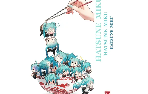 Картинка эмоции, рука, чашка, белый фон, vocaloid, Hatsune Miku, много, голубые волосы, чибики, палочки для еды
