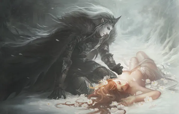 Картинка девушка, цветы, эльф, сон, доспехи, рыжая, плащ, черный рыцарь