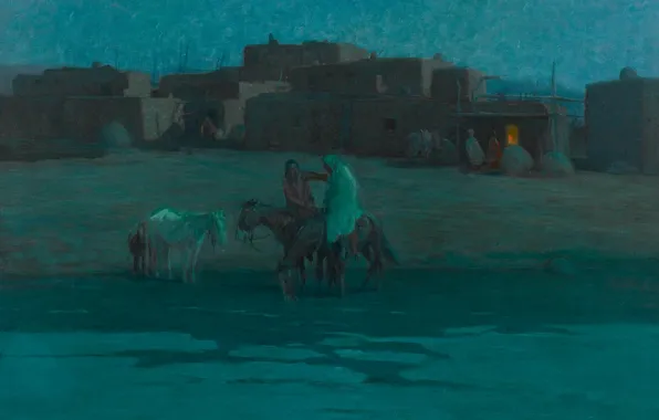 Картинка дома, вечер, лошади, Oscar Edmund Berninghaus, Twilight Taos Pueblo