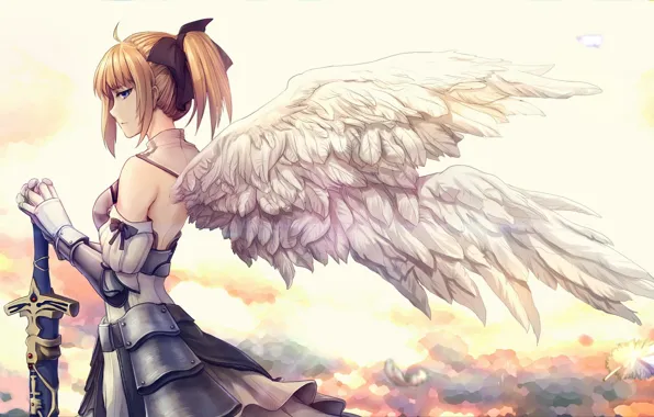 Картинка girl, sword, weapon, anime, wings, feathers, purple eyes, angel, warrior, anime girl, Fate/Grand Order, Saber …