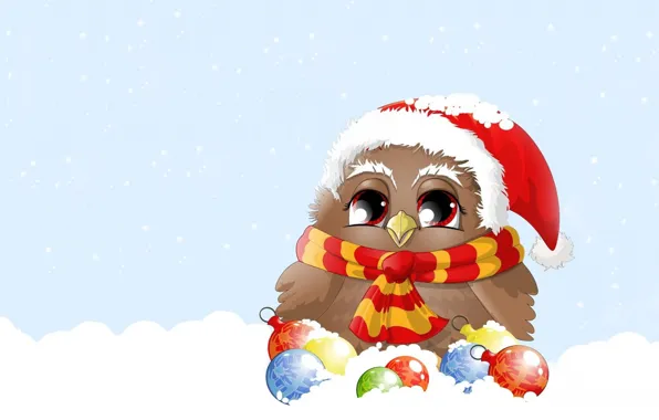 Картинка зима, шарики, снег, настроение, праздник, вектор, арт, Новый год, детская, новогодние игрушки, совушка