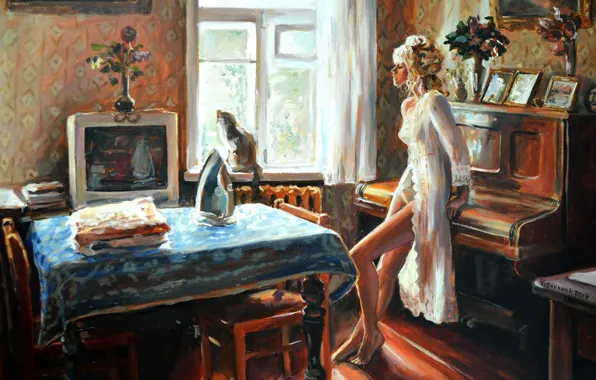 Картинка girl, art, flowers, piano, window, painting, interior, blonde, artwork, iron, table, chairs, Room, television