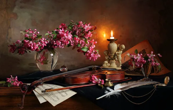 Картинка цветы, ноты, перо, скрипка, свеча, ваза