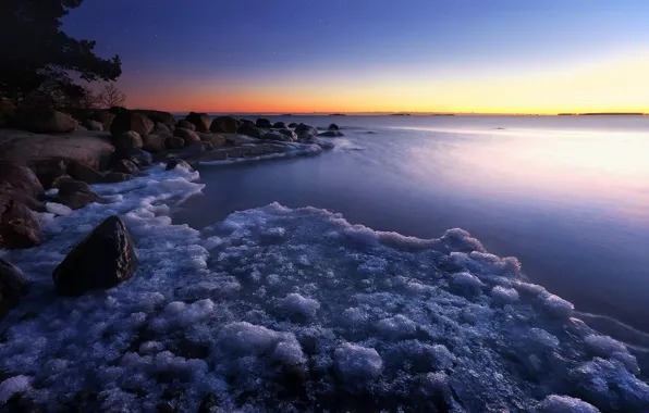 Картинка зима, закат, озеро, лёд
