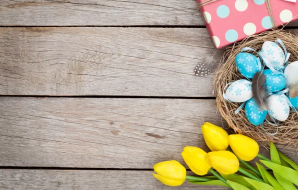 Картинка Пасха, тюльпаны, yellow, wood, tulips, spring, Easter, eggs, decoration, Happy, tender