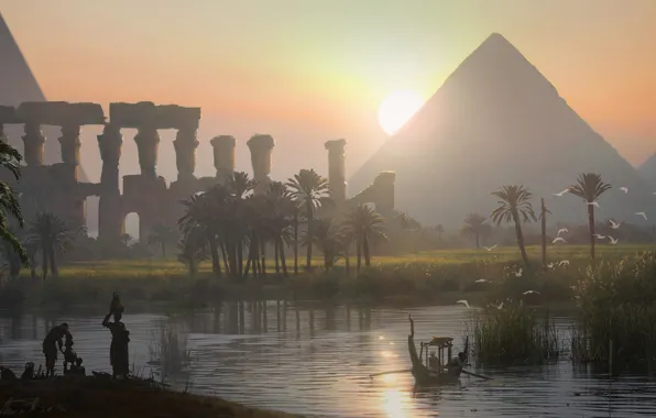 Картинка вечер, арт, пирамида, египет, Assassin's Creed Origins
