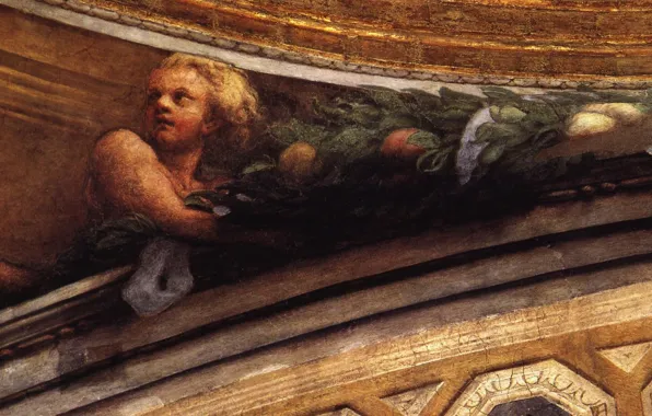 Картинка взгляд, мальчик, Антонио Аллегри Корреджо, итальянская живопись, насторожен, Detail of the putto to the side …