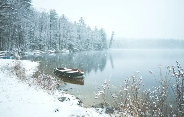 Картинка зима, лес, снег, озеро, пруд, лодка, Англия, England, Нью-Гэмпшир, New Hampshire, Saltmarsh Pond, Гилфорд, Пруд …