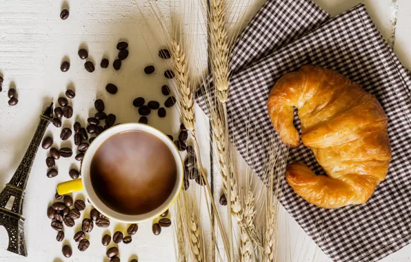 Картинка кофе, зерна, завтрак, чашка, cup, beans, coffee, круассаны, croissant, breakfast