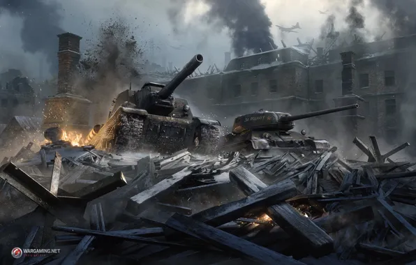 Картинка город, огонь, разрушения, танки, Stalingrad