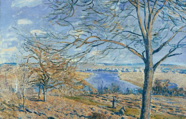 Картинка деревья, пейзаж, природа, река, картина, Alfred Sisley, Альфред Сислей, Берега Луэна. Осень