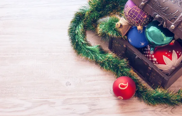 Картинка праздник, шары, игрушки, Рождество, Новый год, мишура, разноцветные, сундучок