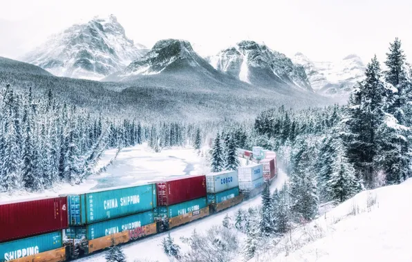 Картинка зима, лес, снег, горы, поезд, Канада