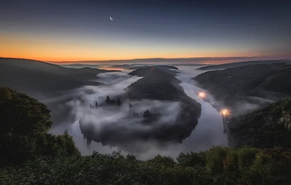 Картинка ночь, туман, река, луна, Германия, Саар, Сааршляйфе