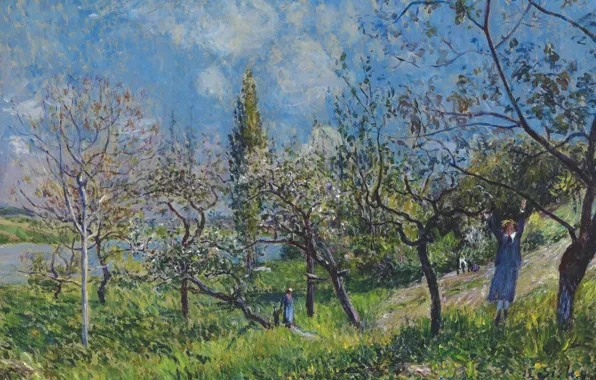 Картинка пейзаж, картина, Alfred Sisley, Альфред Сислей, Весенний Сад